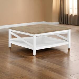 Maise 39.25 in. Brown and White Square Wood Coffee Table with White Finished Base