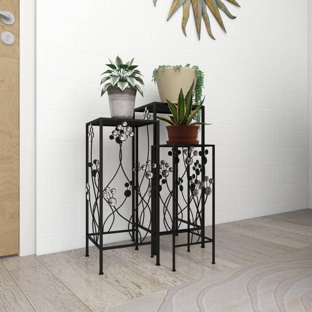 Set of 3 Black Iron Floral Plant Stands