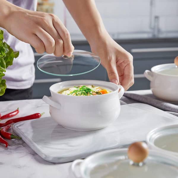 JFVKAF 4-Piece White Ceramic Soup Bowls Set with Double Handles