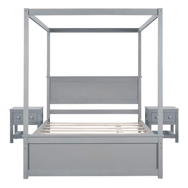 ATHMILE Gray Full Size Wood Canopy Bed with Trundle Bed and Two Nightstands