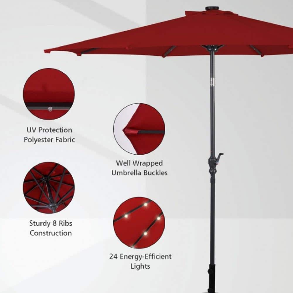 10 ft. Burgundy Metal Market Patio Umbrella with LED Lights
