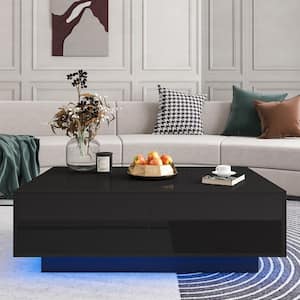 37.4 in. Black Medium Rectangle MDF LED Coffee Table with 4-Storage Drawers
