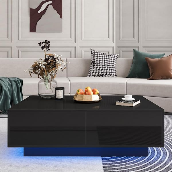 WOODYHOME 37 in. Black LED Rectangle MDF Wood Top Coffee Table with Storage