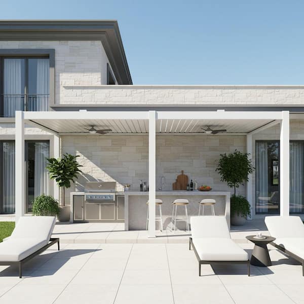 10 ft. x 24 ft. Ivory Aluminum Patio Pergola with Built-In Solar Panel, Ceiling Fan and Round LED Light