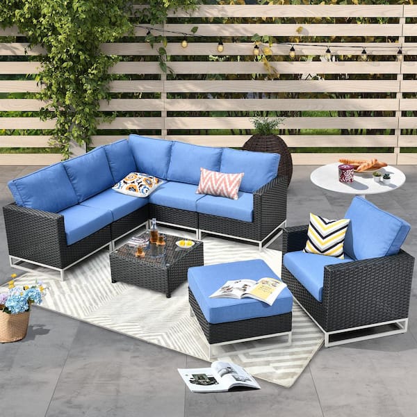 HOOOWOOO Aries Black 8-Piece No Assembly Wicker Outdoor Patio Conversation Sectional Sofa Set with Blue Cushions