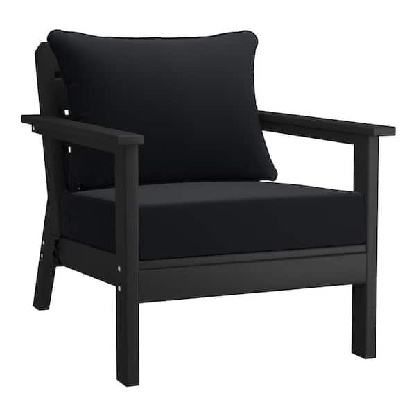 Birchwood Outdoor Patio Deep Seating HDPE Plastic Lounge Chair in Black with Black Cushions