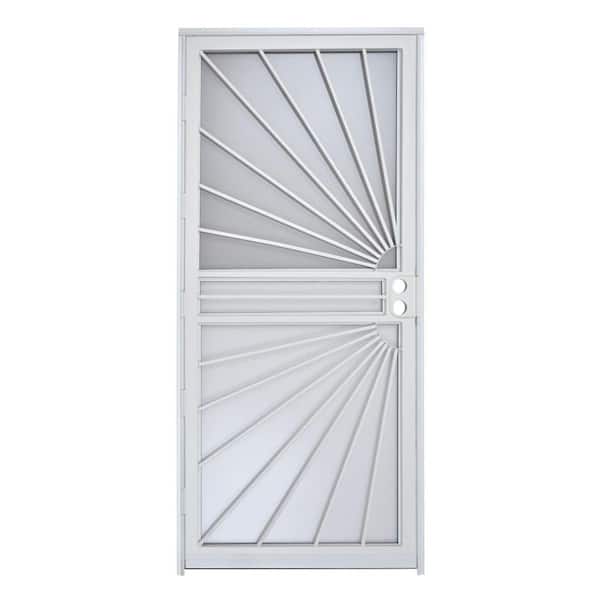 Grisham 32 in. x 80 in. 469 Series White Prehung Universal Hinge Outswing Sunburst Security Door