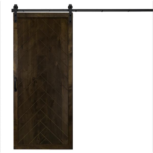 Dogberry Collections 36 in. x 84 in. Herringbone Dark Chocolate Alder Wood Interior Sliding Barn Door Slab with Hardware Kit