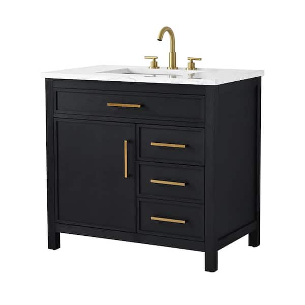 Logan 36 in. W Bath Vanity in Ebony with Engineered Stone Top in Carrara White with White Sink