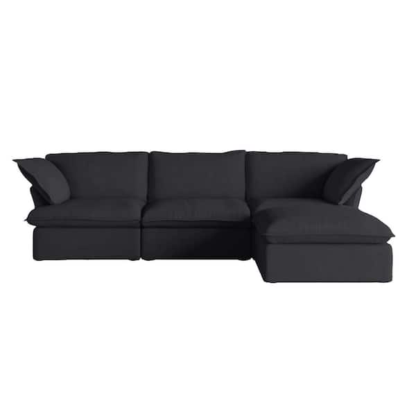 L-shaped 123 in. Flared Arm 4-piece Down Filled Linen Modular Cloud Sectional Sofa with Washable Cover, Ottoman in Black