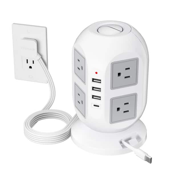 10 ft. Power Strip Tower 8-Outlet AC 1800 Joule Surge Protector Extension Cord with & 4 USB Ports, 1 Built-in USB Cable