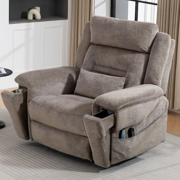 Extra-Wide Dual Motor Chenille Power Lift Recliner with Massage, Heat and Wireless Charging, Cup Holder - Coffee