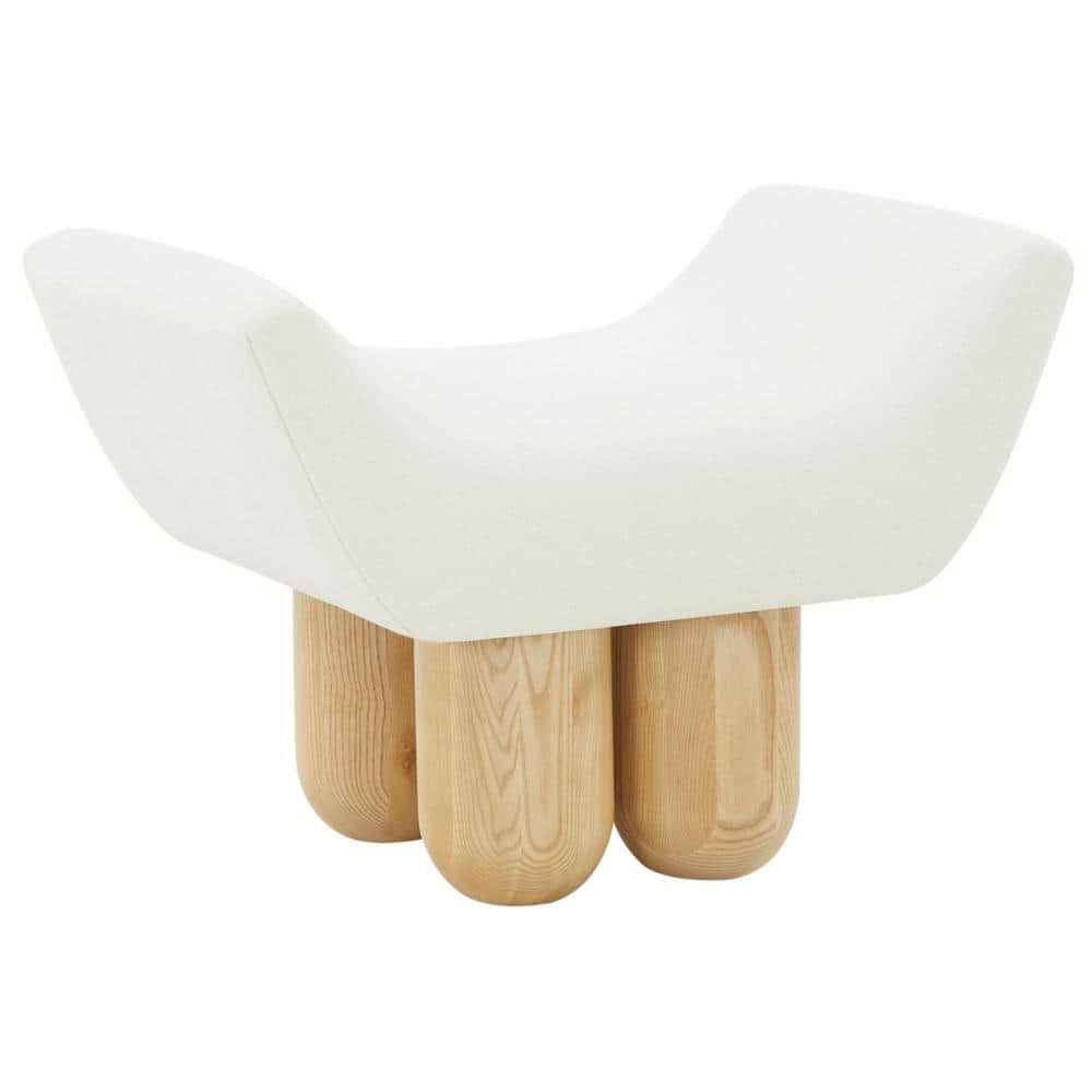Ivory Boucle Upholstered Footstool with Sculpted Ashwood Legs