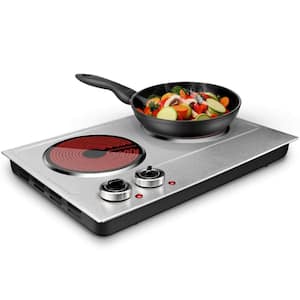 1800 W 2-Burner 7.1 in. Silver Ceramic Electric Hot Plate, Stainless Steel Portable Dual Control Infrared Cooktop