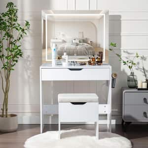Vanity Set with Stool, 2-Piece White Makeup Vanity Set with Drawer, LED Lighted Mirror and Power Outlet, Storage Stool