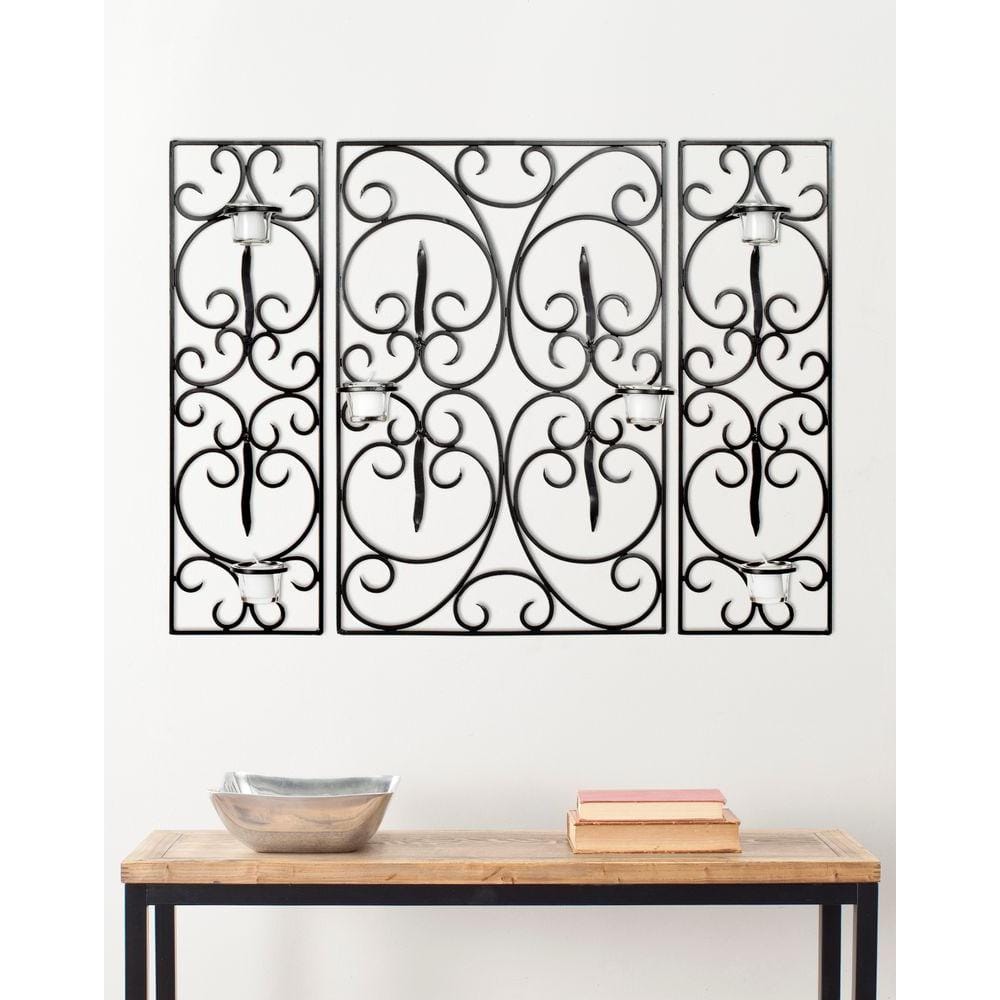 Black Iron and Glass Scrollwork Wall Sconce Set