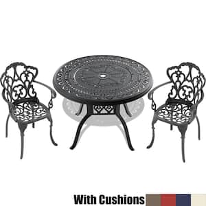 3-Piece Black Cast Aluminum Outdoor Dining Set, Patio Furniture with 39.37 in. Round Table and Random Color Cushions