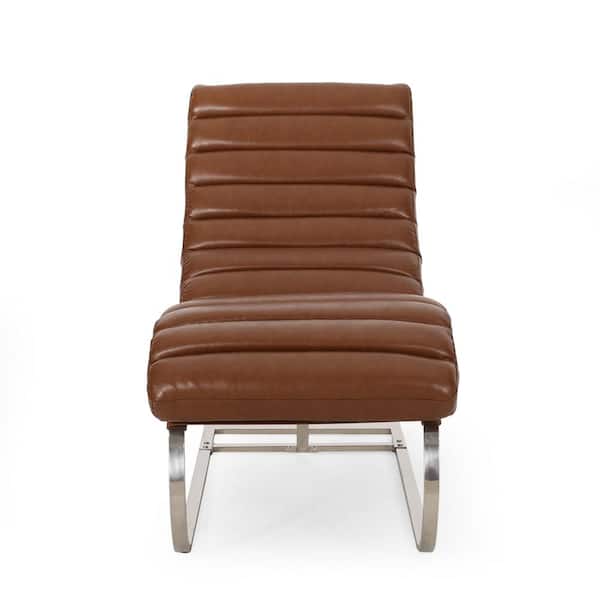 Noble House Pearsall Cognac Brown Faux Leather Curved Chaise Lounge