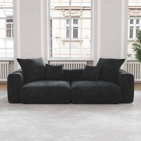 Magic Home 102 in. Square Arm Oversized Deep Seat Corduroy Modular Loveseat Modular Grand Sofa Couch in Black (2 Seats)