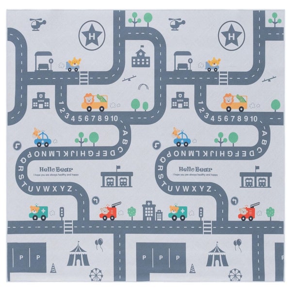 Tacoma Kids 5 ft. x 5 ft. Ivory/Gray Hello Bear Streets Square Area Rug