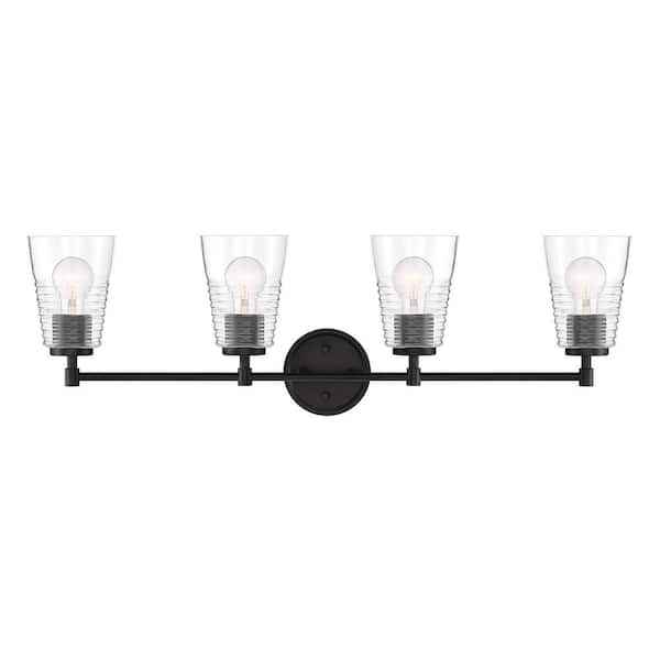 Designers Fountain Ingo 33.5 in. 4-Light Matte Black Modern Vanity Light with Clear Ribbed Glass Shades