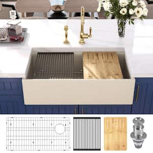 Grit Yellow 33 in. Farmhouse Apron Front Single Bowl Concrete Workstation Kitchen Sink with Accessories