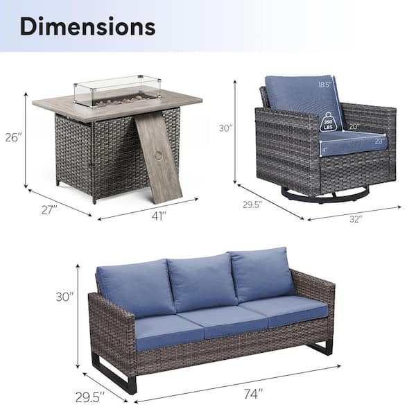 U-Frame 4-Piece Gray Wicker Fire Pit Conversation Set with Olefin Blue Cushions and Swivel Glider Chairs/Couch