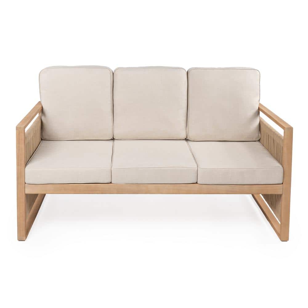 Gable Beige and Light Teak Roped Acacia Wood Outdoor Sofa with Cushions