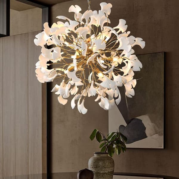 31.5 in. 9-Light Gold Sputnik Chandelier Luxury Round Ceramic Ginkgo Leaf Chandelier for Living Room Dining Room Bedroom