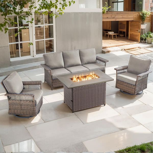 Brown 4-Piece Wicker Outdoor Patio Rectangular Fire Pit Conversation Set with Gray Cushions and Swivel Rockers