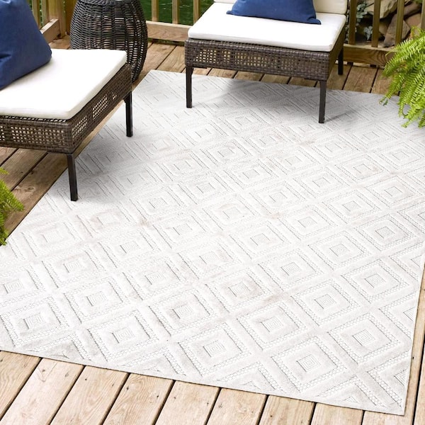 Portmany Ivory 3 ft. x 5 ft. Neutral Diamond Trellis Indoor/Outdoor Area Rug