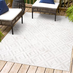 Portmany Ivory 5 ft. x 8 ft. Neutral Diamond Trellis Indoor/Outdoor Area Rug