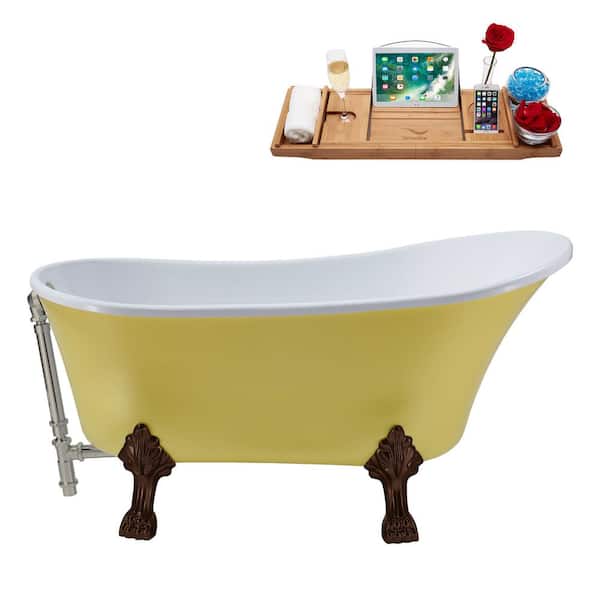 Streamline 55 in. Acrylic Clawfoot Non-Whirlpool Bathtub in Matte Yellow With Matte Oil Rubbed Bronze Clawfeet,Brushed Nickel Drain