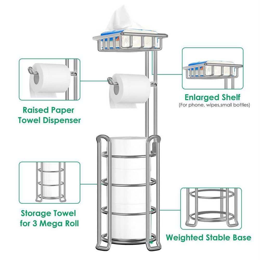 Glossy Silver Metal Freestanding Toilet Paper Holder with Storage Shelf