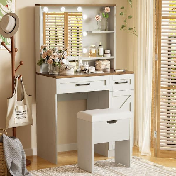 Harper & Bright Designs 2-Piece White Makeup Vanity Set with Stool, Adjustable Shelves, 2-Drawers and Side Cabinet, Mirror and Lights