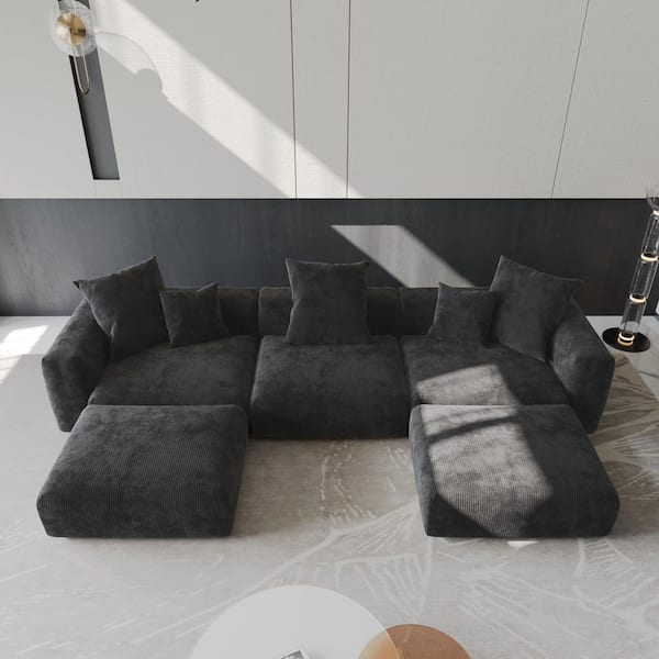 141 in. Square Arm Corduroy Velvet 5 Pieces U Shaped Modular Free Combination Sectional Sofa with Removable in. Black