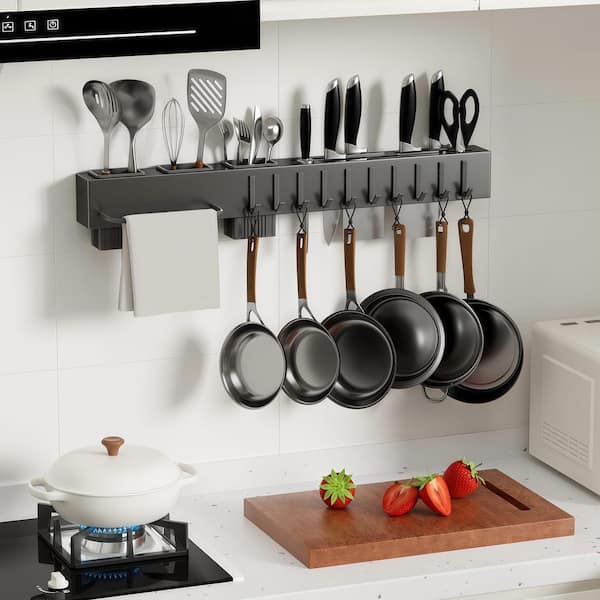 23.7 in. Wall Mounted Stainless Steel Pot Rack Hanger With S Hooks for Kitchen Utensils Storage, Black