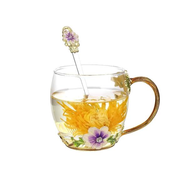 11 oz Purple Handmade Enamel Daisy Flower Clear Glass Tea Cup for Women Holiday Wedding Thanksgiving