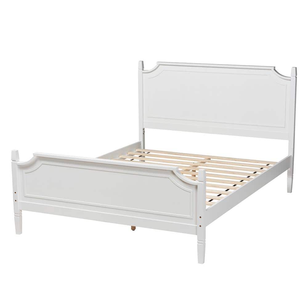 Elegant White Queen Platform Bed with Wood Frame and Upholstered Headboard