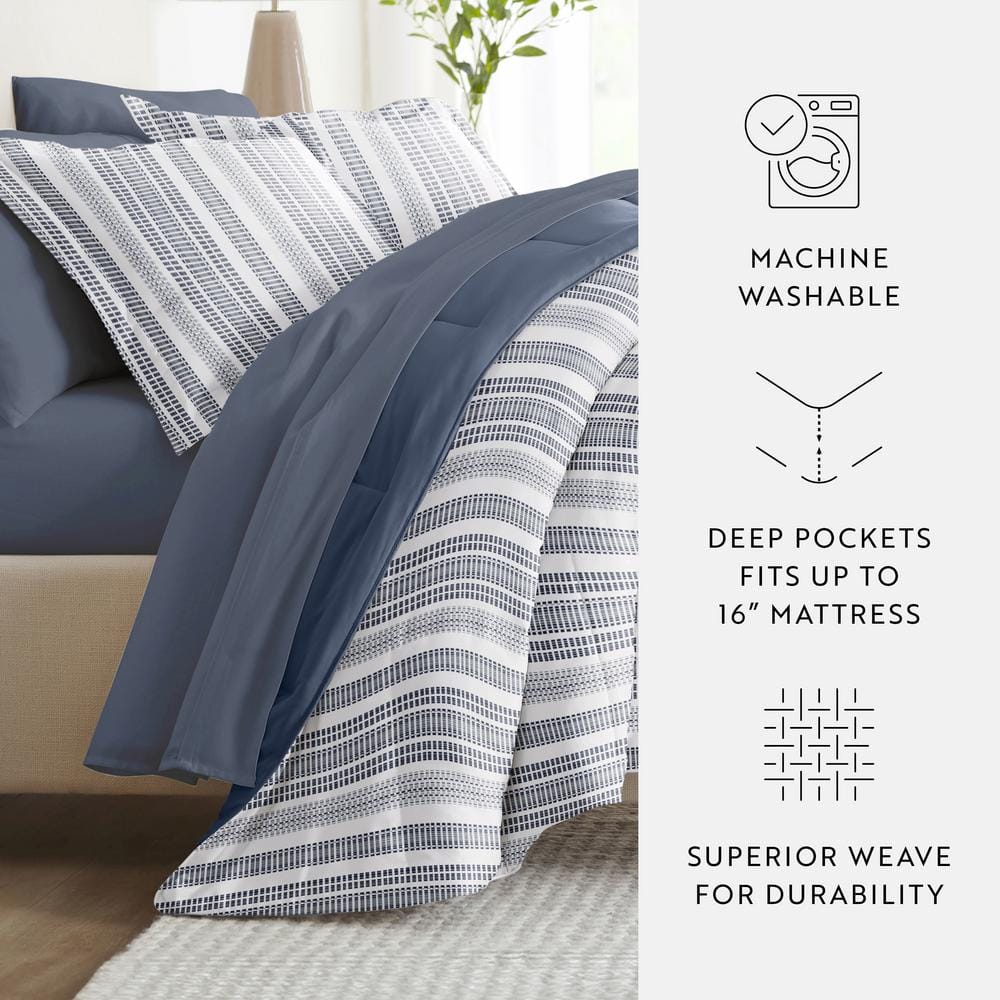 Full Navy Striped Microfiber Down Alternative Bed in a Bag Set