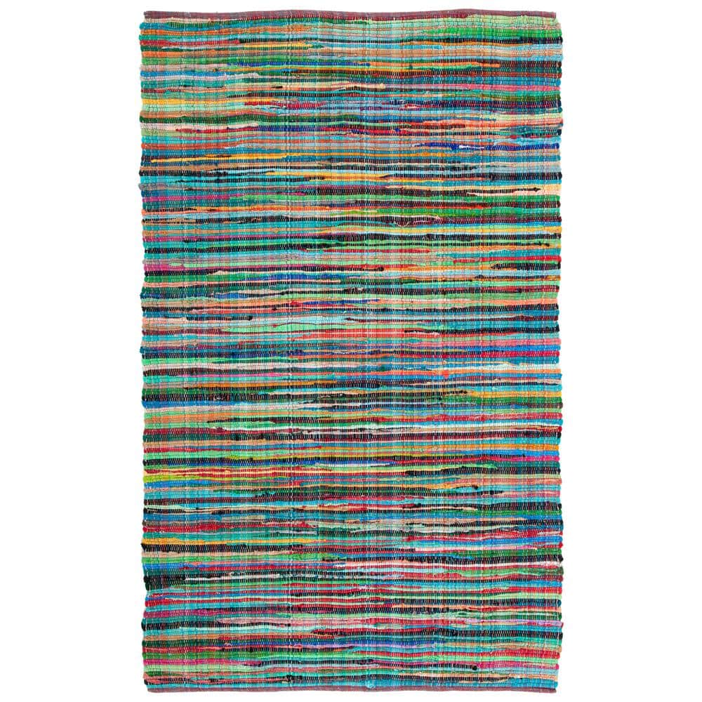 Green and Multicolor Handwoven Cotton Wool Striped Area Rug, 5' x 8'