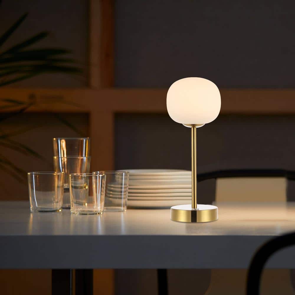 Natalia Brass Gold Cordless LED Table Lamp with Frosted Globe