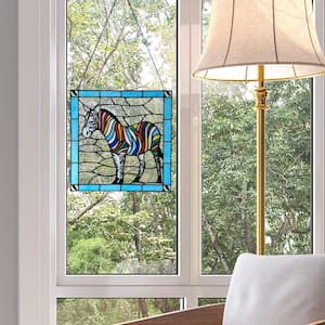Rainbow Zebra and Blue Border Stained Glass Decorative Window Panel