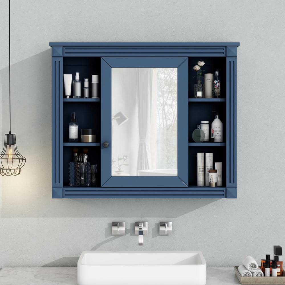 Magic Home 35 in. x 28 in. Royal Blue Wall Mounted Modern Bathroom Storage Medicine Cabinet with Mirror, 6-Open Shelves -  MH-KST-F001B