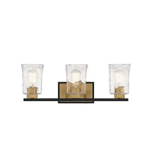 Sidney 23 in. W x 8 in. H 3-Light Matte Black with Warm Brass Accents Bathroom Vanity Light with Clear Glass Shades