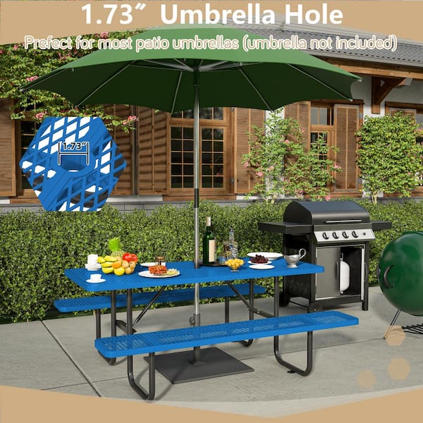 Thanaddo 72.2 in. Blue Rectangle Outdoor Metal Picnic Table Seats