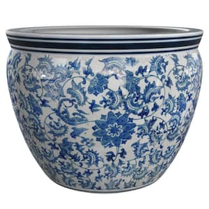 Red Lantern 12 in. Floral Blue and White Porcelain Fishbowl BW