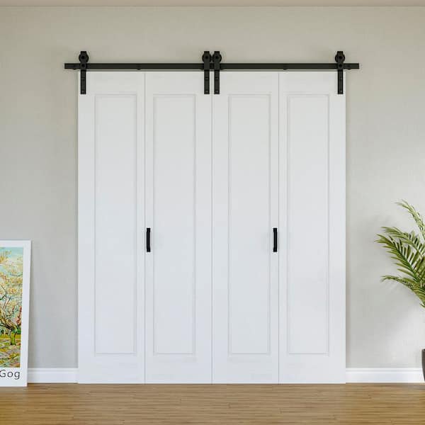 72 in. x 84 in. Paneled 1-Lite White Primed Hollow Core MDF Composite Bi-fold Door with Bifold Barn Door Hardware
