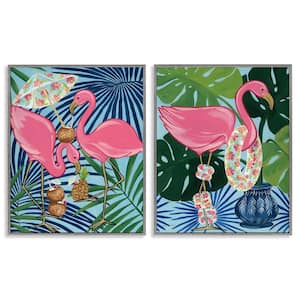 Happy Hour Flamingos by Yvette St. Amant 2-Pieces Gray Framed Animal Giclee Art Print 30 in. x 24 in.