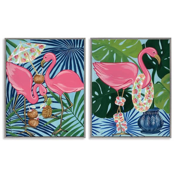 Stupell Industries Happy Hour Flamingos by Yvette St. Amant 2-Pieces Gray Framed Animal Giclee Art Print 30 in. x 24 in.